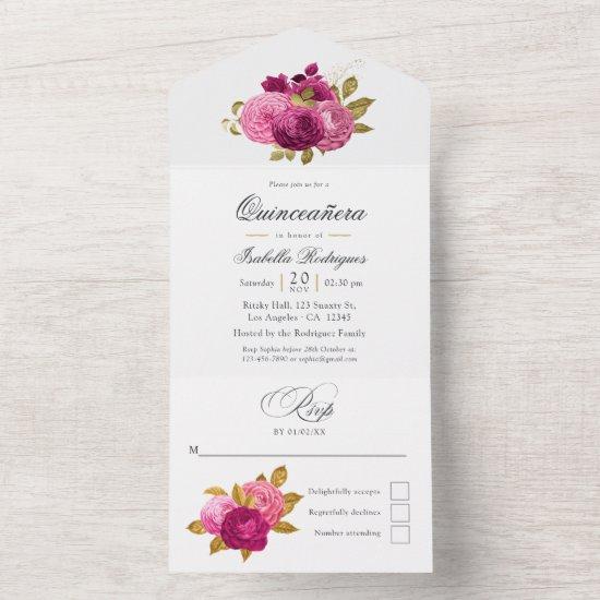 Hot-Pink and Gold Floral Quinceañera All In One