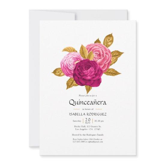 Hot-Pink and Gold Floral Quinceañera Photo Invitat