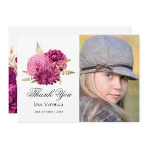 Hot Pink and Gold Floral Quinceañera Photo Thank You Card