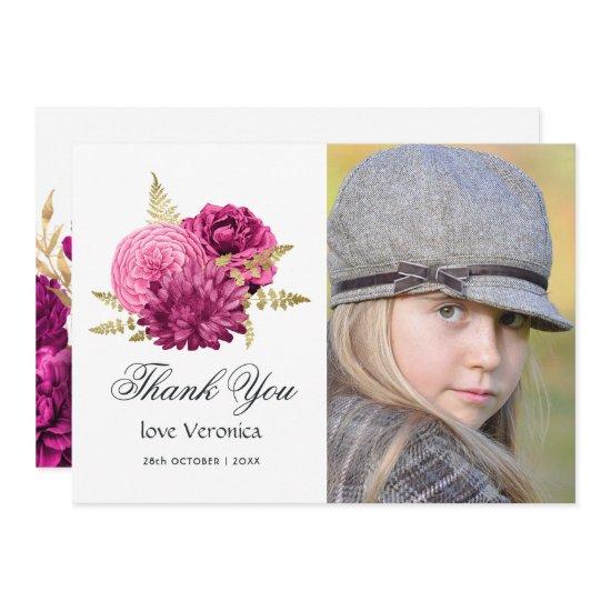 Hot Pink and Gold Floral Quinceañera Photo Thank You Card