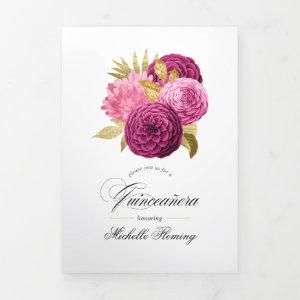 Hot-Pink and Gold Floral Quinceañera Photo Tri-Fol Tri-Fold