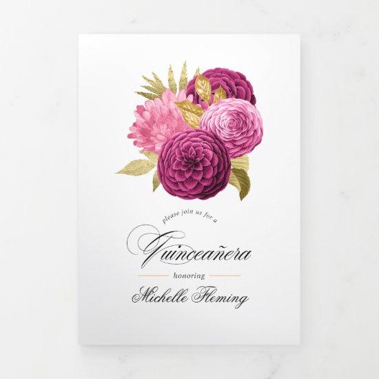 Hot-Pink and Gold Floral Quinceañera Photo Tri-Fol Tri-Fold