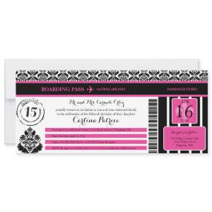 Hot Pink Black Damask Quinceanera Boarding Pass