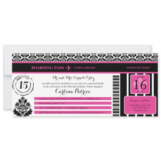 Hot Pink Black Damask Quinceanera Boarding Pass
