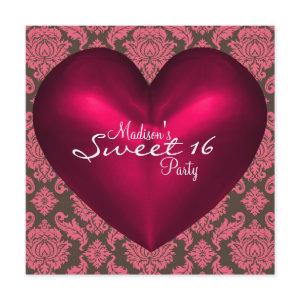 Hot Pink Brown Red Heart Damask Sweet 16 Party
