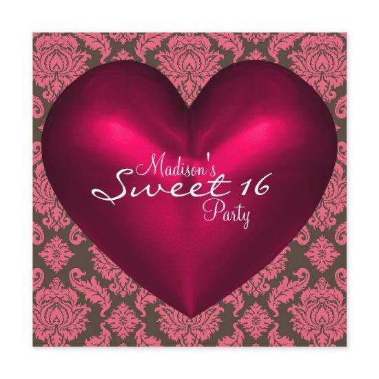 Hot Pink Brown Red Heart Damask Sweet 16 Party