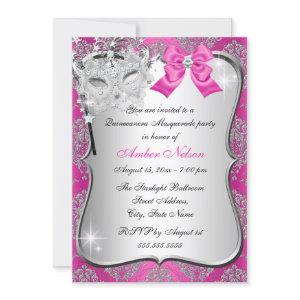 Hot Pink Damask Mask Quinceanera Masquerade Invite