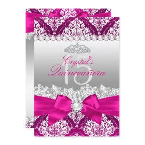 Hot Pink Damask & Pearl Bow Quinceanera Invite