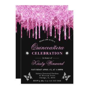 Hot Pink Dripping Glitter Quinceanera