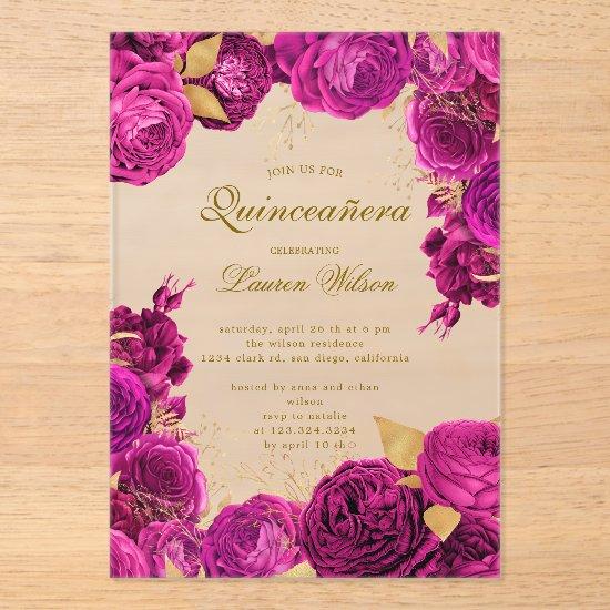 Hot Pink Exclusive Floral Quinceanera  Acrylic