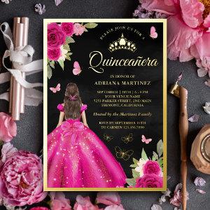 Hot Pink Floral Butterfly Black Quinceanera Gold Foil
