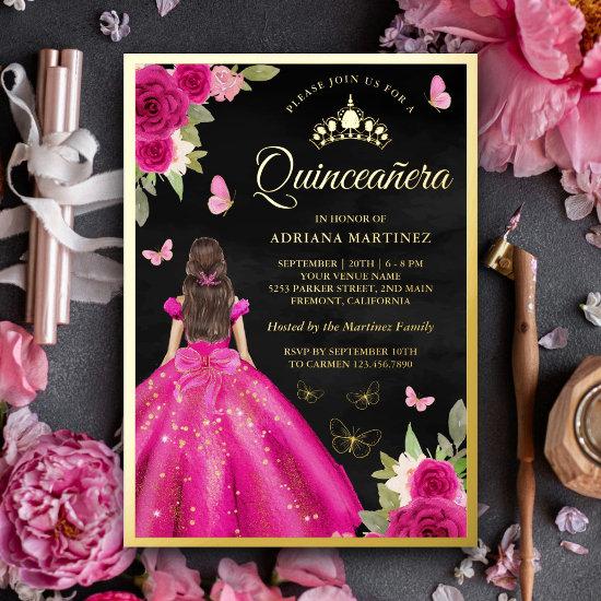 Hot Pink Floral Butterfly Black Quinceanera Gold Foil