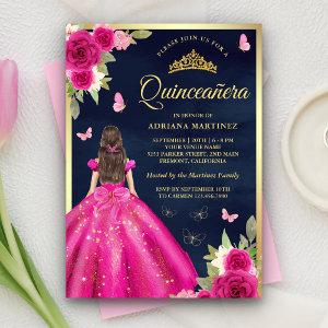 Hot Pink Floral Butterfly Navy Gold Quinceanera