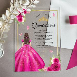 Hot Pink Floral Dress Butterfly Gold Quinceanera Acrylic