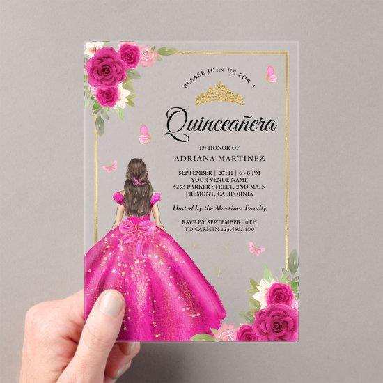 Hot Pink Floral Dress Butterfly Gold Quinceanera Acrylic