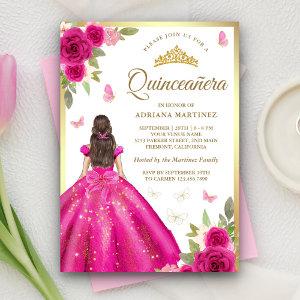 Hot Pink Floral Dress Butterfly Gold Quinceanera
