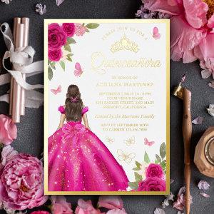 Hot Pink Floral Dress Butterfly Quinceanera Gold Foil