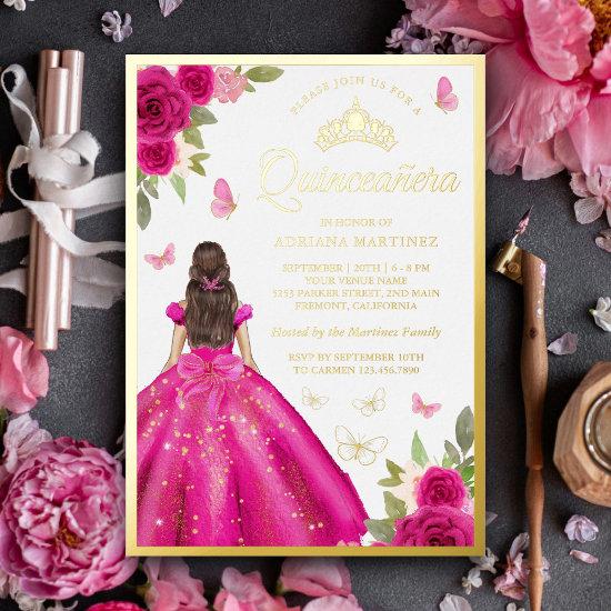 Hot Pink Floral Dress Butterfly Quinceanera Gold Foil