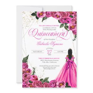 Hot Pink Fuchsia Roses & Gold and Gown Quinceañera
