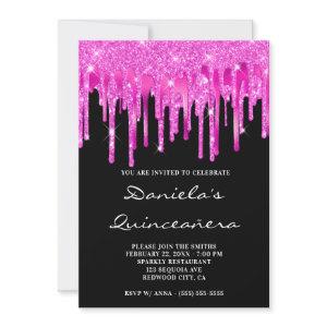 Hot Pink Glitter Foil Drips Black Quinceañera