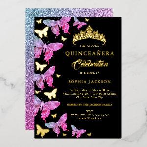 Hot Pink Gold Blue Butterfly Quinceanera Foil