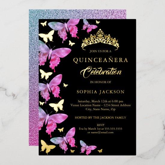 Hot Pink Gold Blue Butterfly Quinceanera Foil