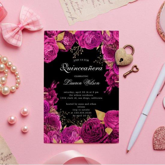 Hot Pink Gold Exclusive Floral Quinceanera