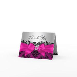 Hot Pink Lace Damask & Bow Thank You Card