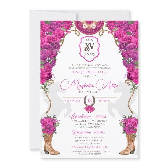 Hot Pink Magenta Floral Western Charro Quinceañera