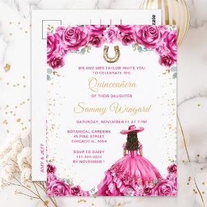Hot Pink Princess Floral Charro Quinceañera Postcard
