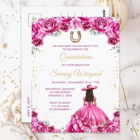 Hot Pink Princess Floral Charro Quinceañera Postcard
