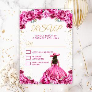 Hot Pink Princess Floral Charro Quinceañera RSVP Card