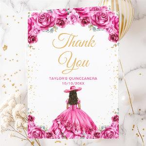 Hot Pink Princess Floral Charro Quinceañera Thank You Card