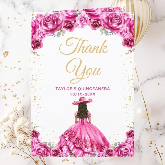 Hot Pink Princess Floral Charro Quinceañera Thank You Card