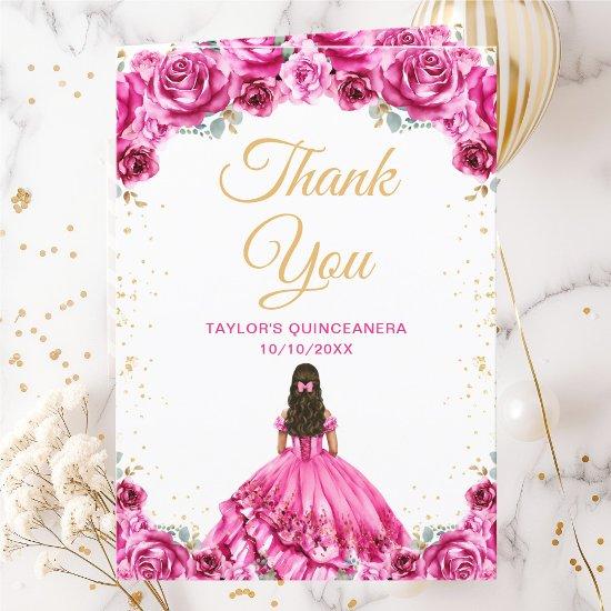 Hot Pink Princess Floral Quinceañera Thank You Card