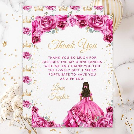 Hot Pink Princess Floral Quinceañera Thank You Card