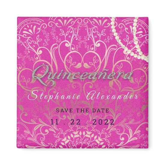 Hot pink Quinceanera Save the date pearls, glitter Magnet