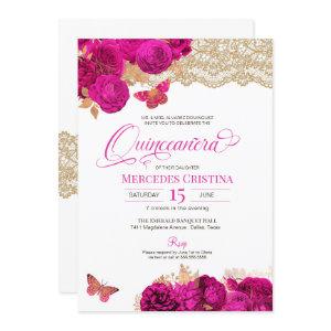 Hot Pink Roses and Lace Butterfly Quinceañera Invi