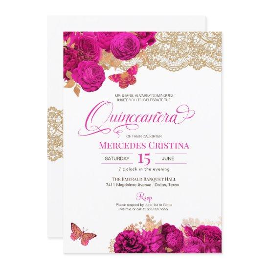 Hot Pink Roses and Lace Butterfly Quinceañera Invi