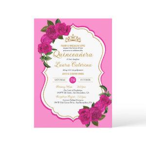 Hot Pink Roses Black and Gold Elegant Quinceanera