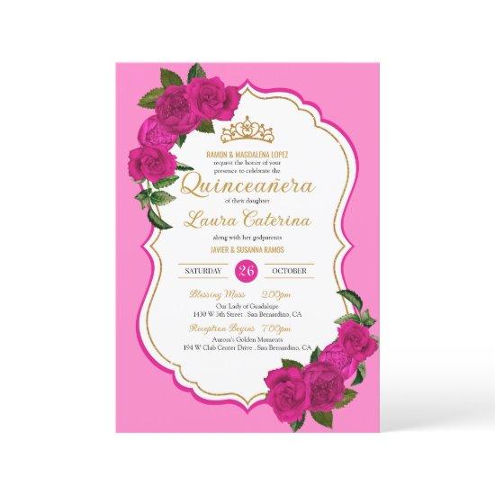 Hot Pink Roses Black and Gold Elegant Quinceanera