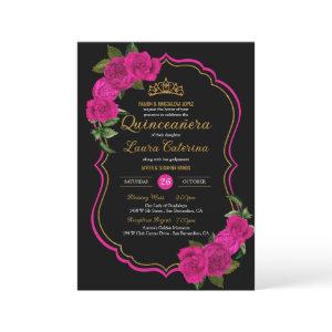 Hot Pink Roses Black and Gold Elegant Quinceanera