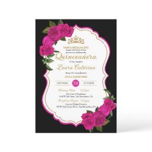 Hot Pink Roses Black and Gold Elegant Quinceanera
