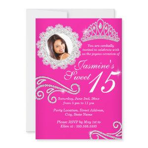 Hot Pink Silver Diamond Tiara Photo Quinceanera