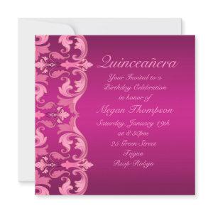 Hot Pink Swirl Damask Birthday Quinceañera Invite