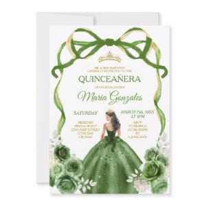 Hunter Green Bow Princess Gold Crown Quinceañera