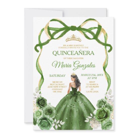 Hunter Green Bow Princess Gold Crown Quinceañera