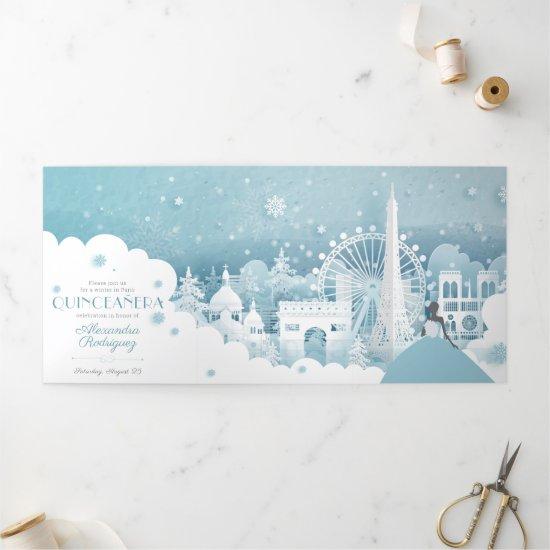 Ice Blue Winter in Paris Quinceañera Tri-Fold Invi