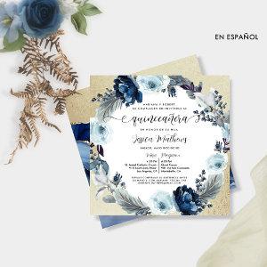 In Spanish, Chic Blue and Gold, Floral Quinceañera