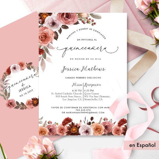 In Spanish, Elegant Pink Floral Quinceañera